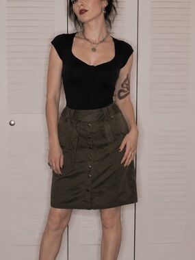 Living Dead Souls Olive Army Green Button-Front Pin Up Rockabilly Skirt